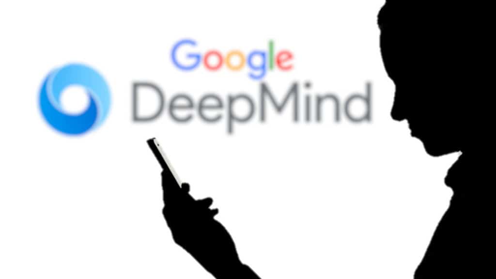 silhueta de homem no celular à frente do logo da google deepmind