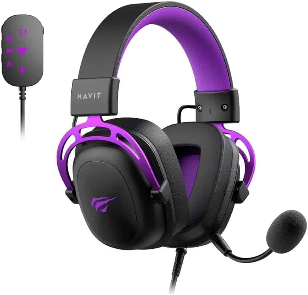 Headset Gamer Havit Gamenote H2002C + U Adaptador USB 7.1, P3, Adaptador P2 para PC, Microfone Destacável, Preto/Roxo