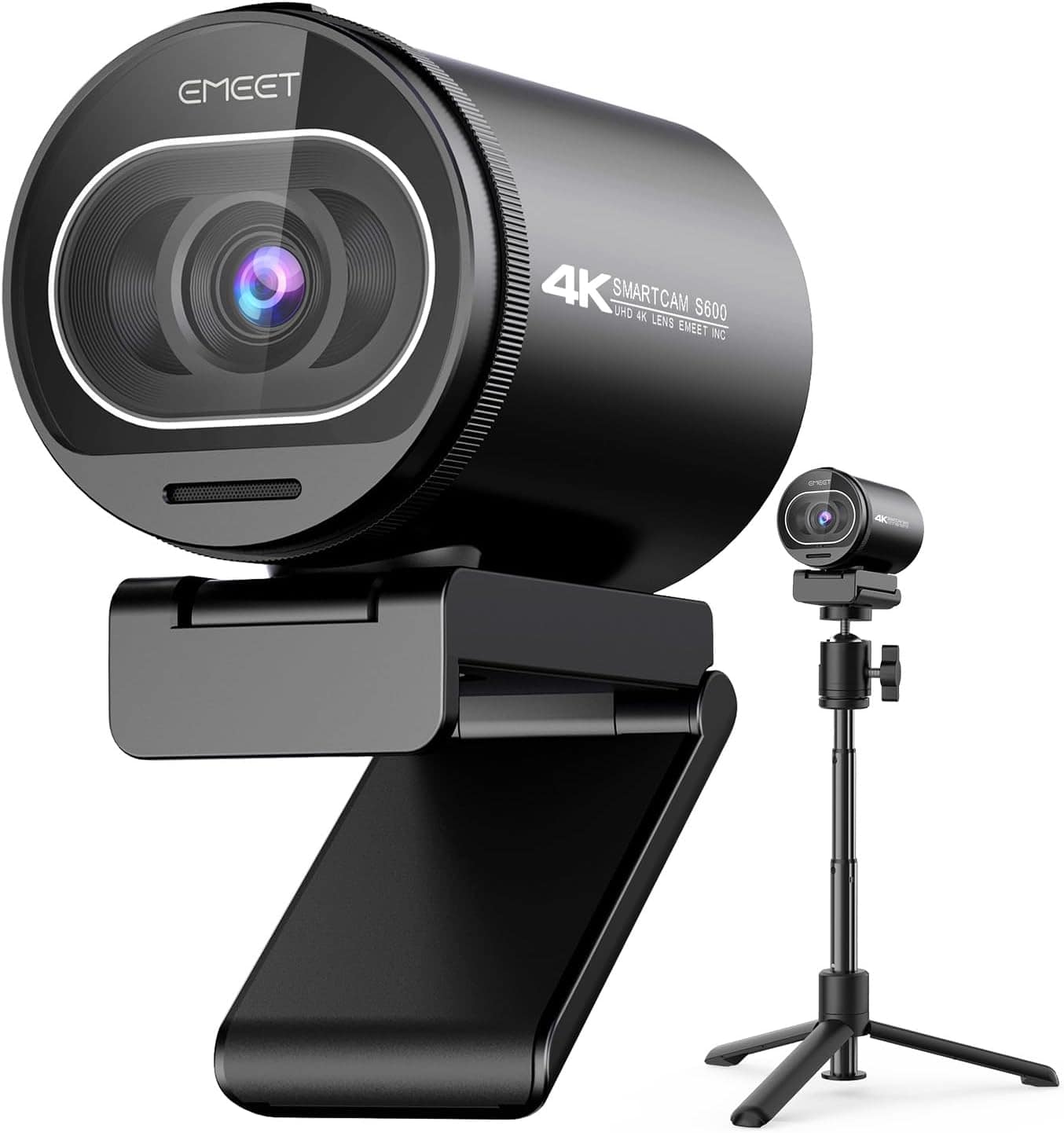 EMEET Webcam 4K, webcam S600 com tripé, 2 microfones de redução de ruído