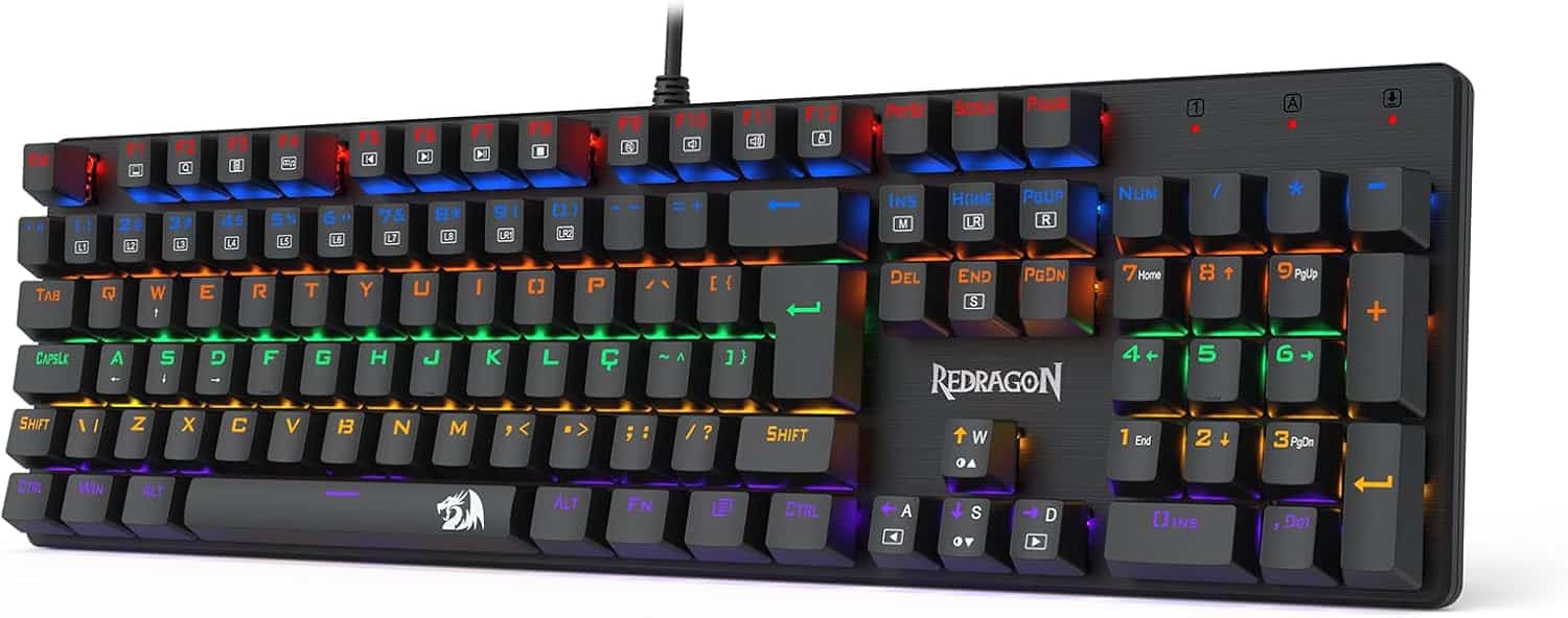 TECLADO MECÂNICO GAMER REDRAGON VALHEIM ILUMINAÇÃO RAINBOW PRETO SWITCH BROWN K608-R (PT-BROWN)
