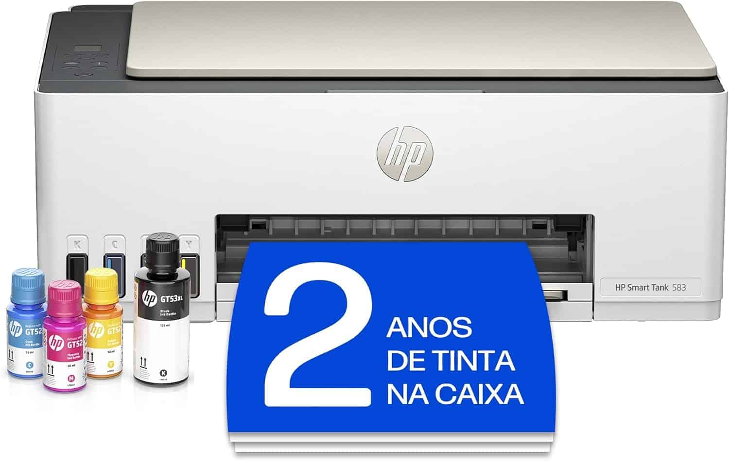 Impressora Multifuncional HP Smart Tank 583 Tanque de Tinta Colorida Wi-Fi com autorreparo, USB - Impressora, Copiadora e Scanner Cor: Branco