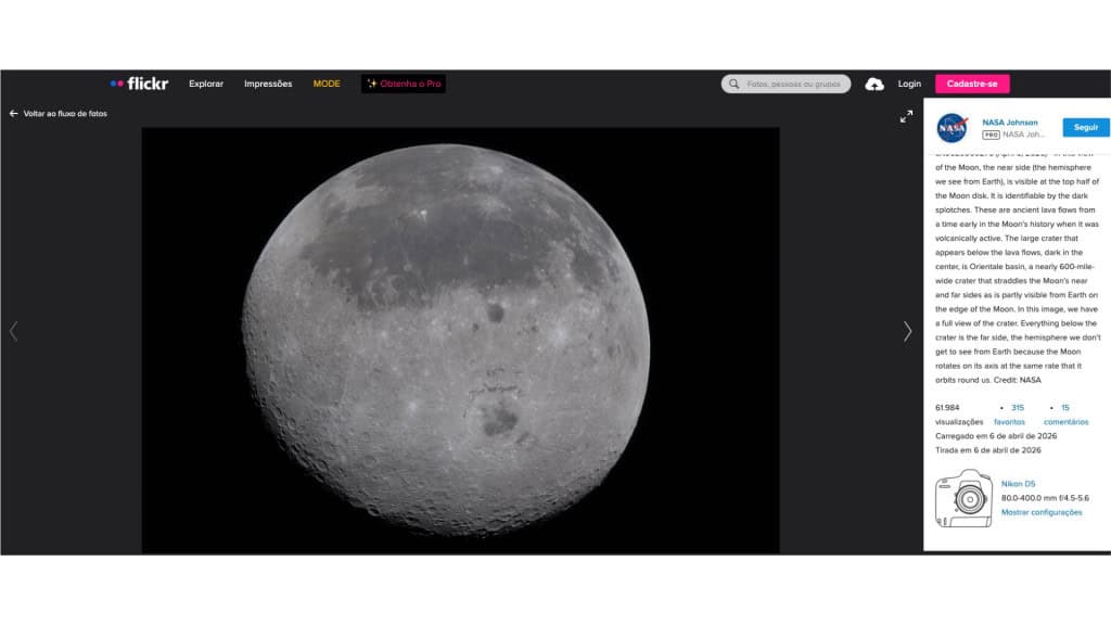 Captura de tela de postagem da NASA no Flickr de foto da Lua tirada durante a Artemis 2