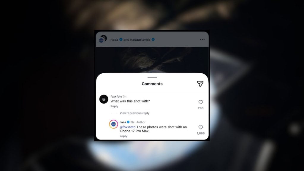 Montagem com captura de tela de resposta na NASA em postagem no Instagram em cima de foto tirada com iPhone na Artemis 2