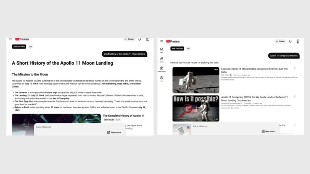 Montagem com capturas de tela da busca com inteligência artificial Ask YouTube (Pergunte ao YouTube)