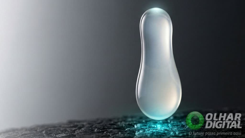 Ilustração no estilo macrofotografia de estúdio, extremamente limpa, focada em uma única gota de água espessa e viscosa (o biogel misturado) caindo em câmera lenta