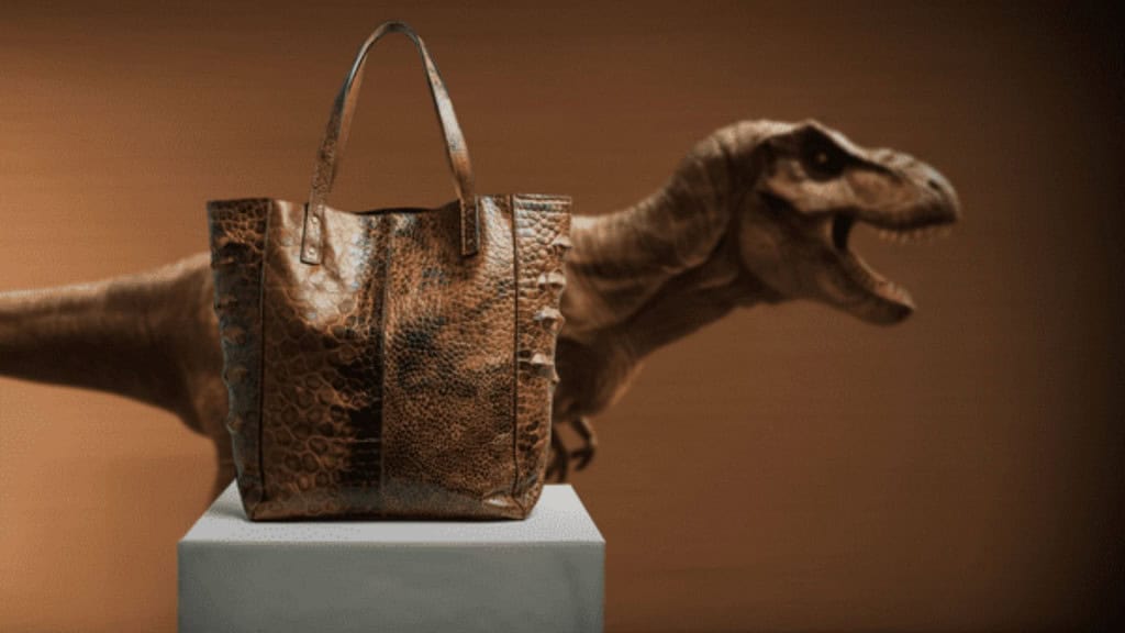 Montagem com bolsa de couro na frente de Tiranossauro rex