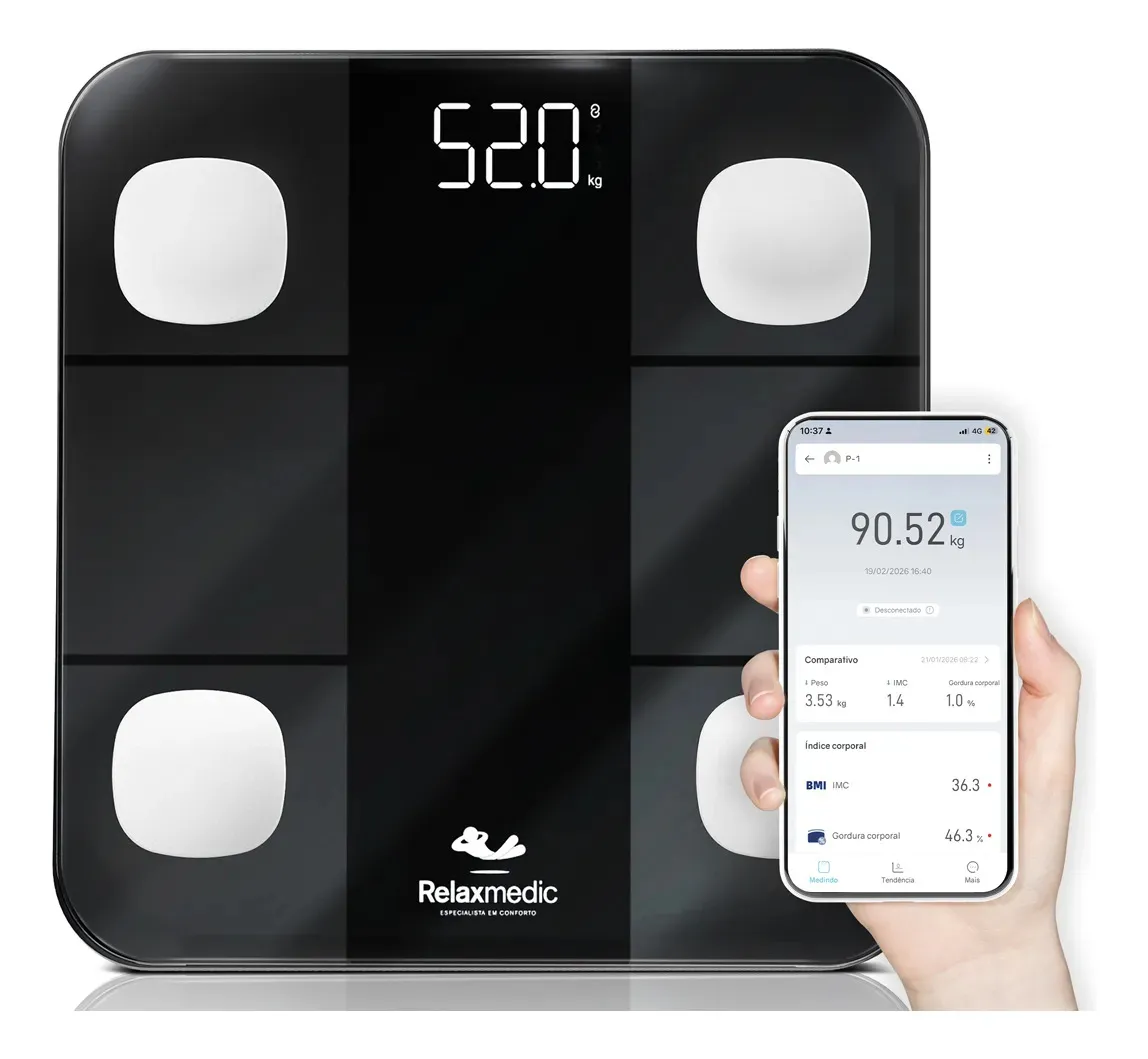 Balança Digital Corporal Bioimpedância Aplicativo Bluetooth Relaxmedic