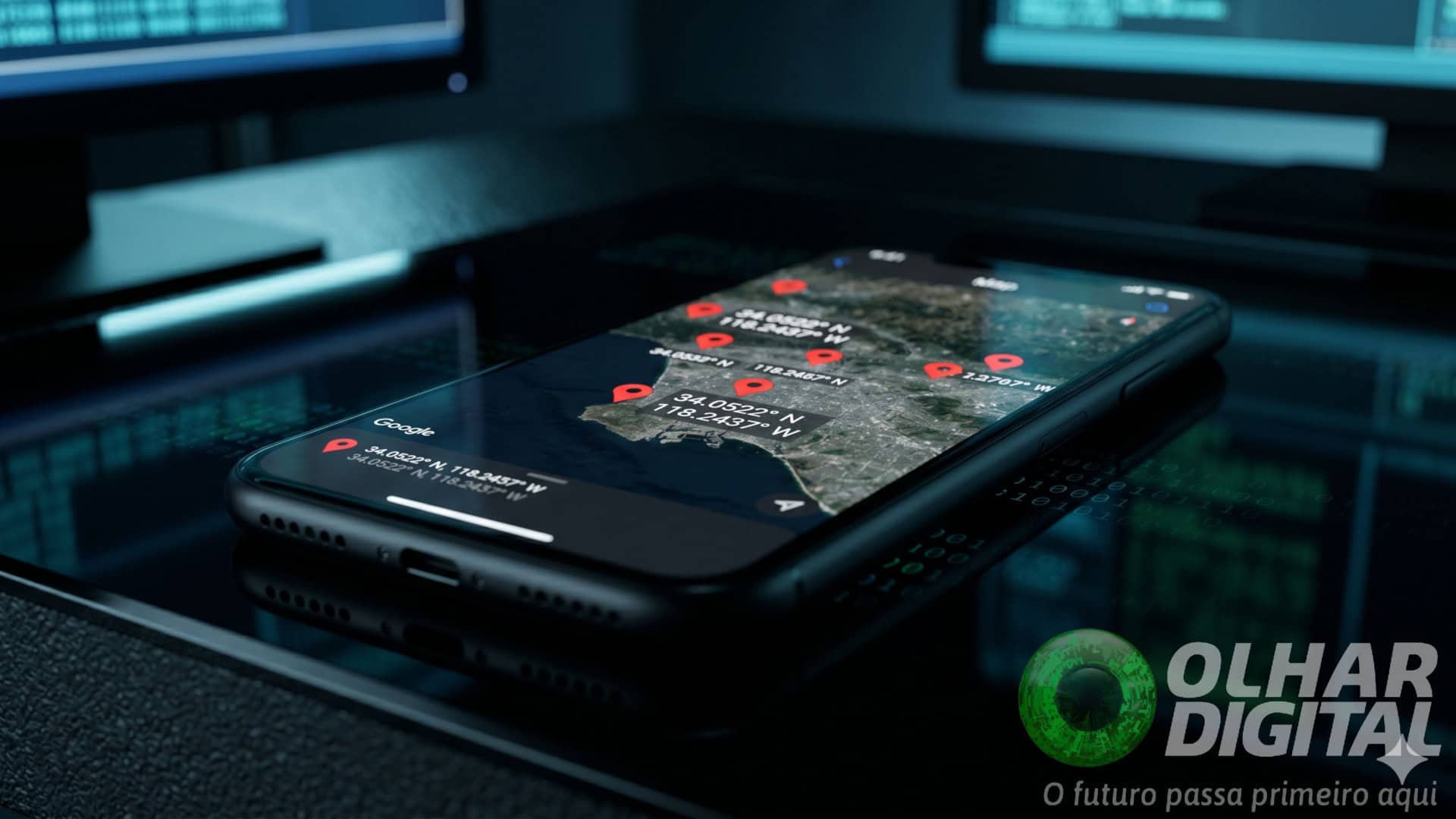 Fotografia macro de um smartphone sobre superfície de vidro reflexiva preta. A tela mostra um mapa mundi escuro com pings de geolocalização vermelhos pulsantes e coordenadas numéricas