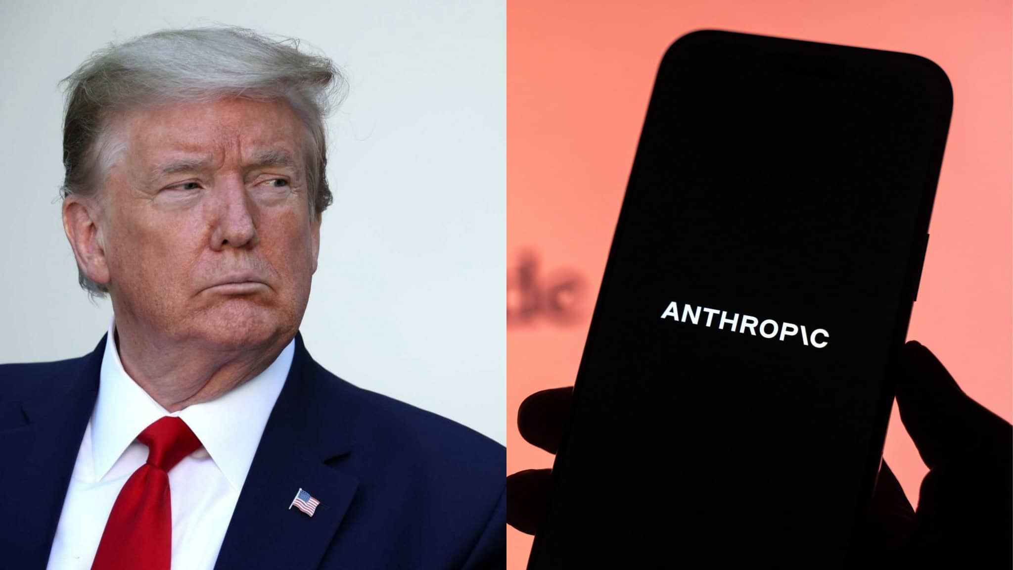 Montagem com fotos de Donald Trump e de pessoa segurando celular com logomarca da Anthropic na tela