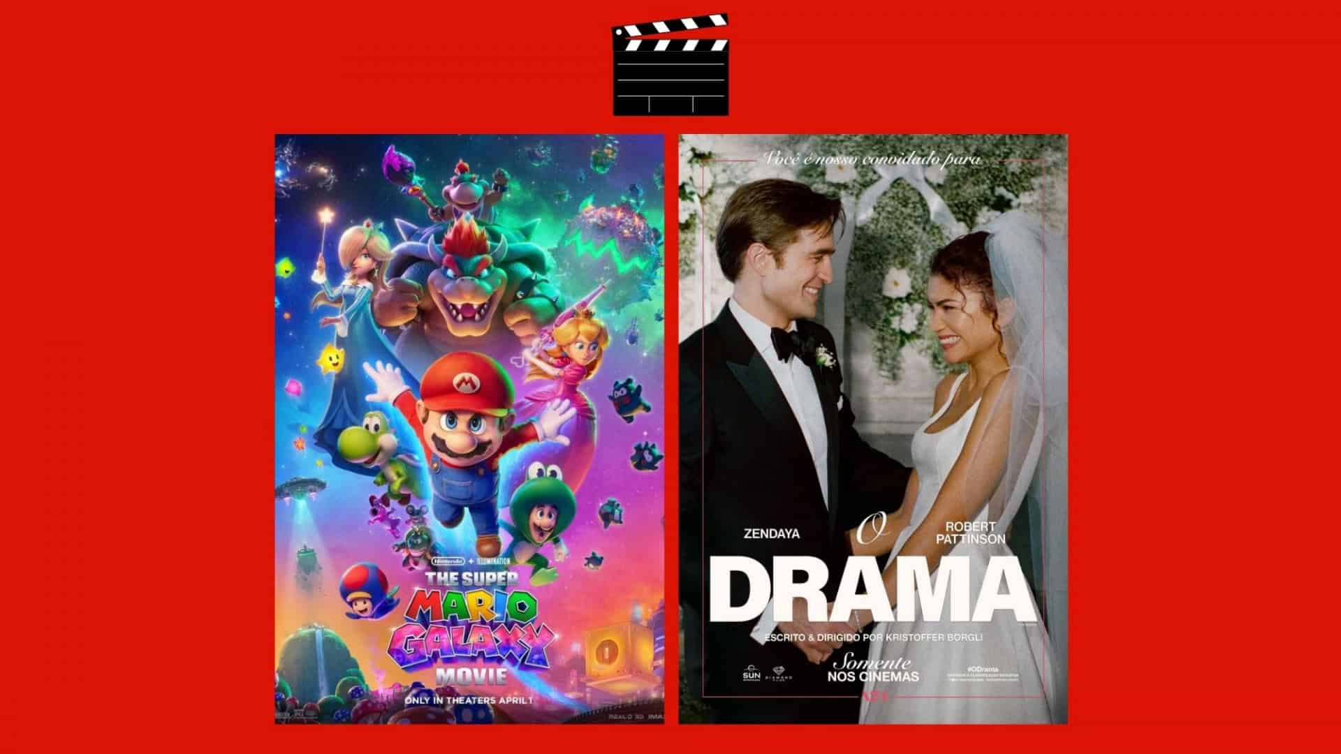 Montagem com pôsteres dos filmes Super Mario Galaxy e O Drama, que estreiam nos cinemas em 2 de abril de 2026