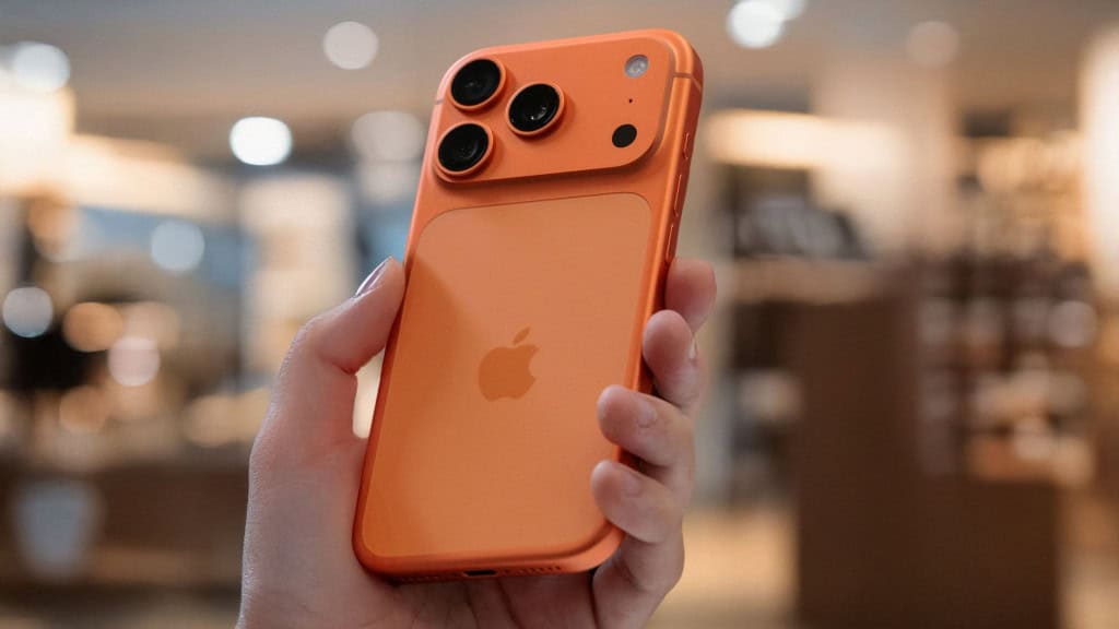 Pessoa segurando iPhone 17 Pro Max laranja