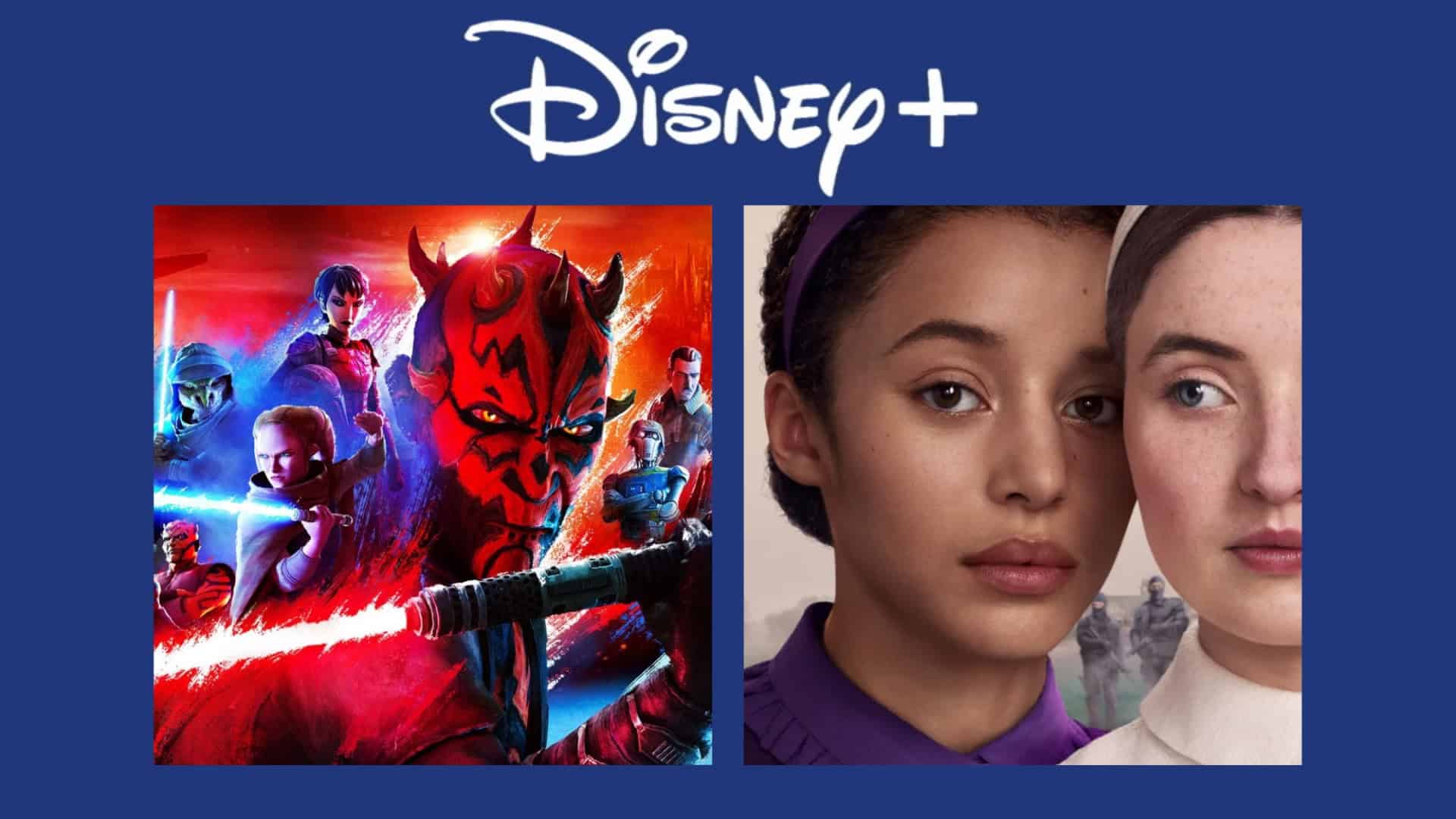 Tela do Disney+ com destaques da semana, incluindo animação de Star Wars com Darth Maul e série dramática com duas protagonistas em primeiro plano