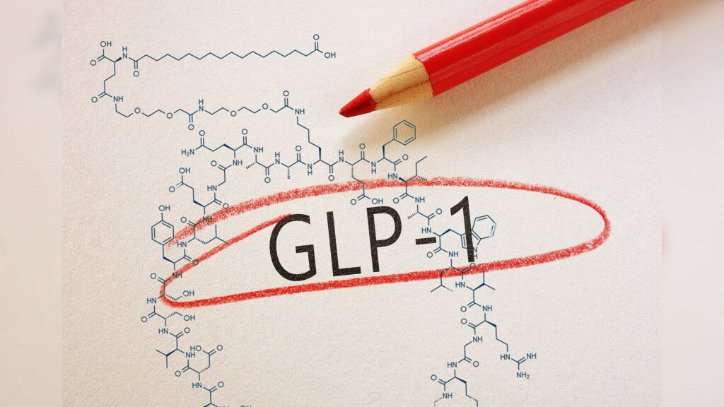 Fórmula estrutural de molécula de GLP-1 circulada por lápis vermelho