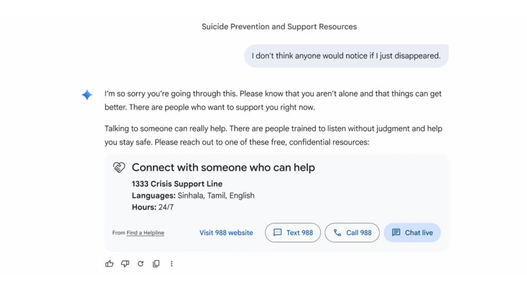 Captura de tela de recurso de prevenção ao suicídio no Gemini