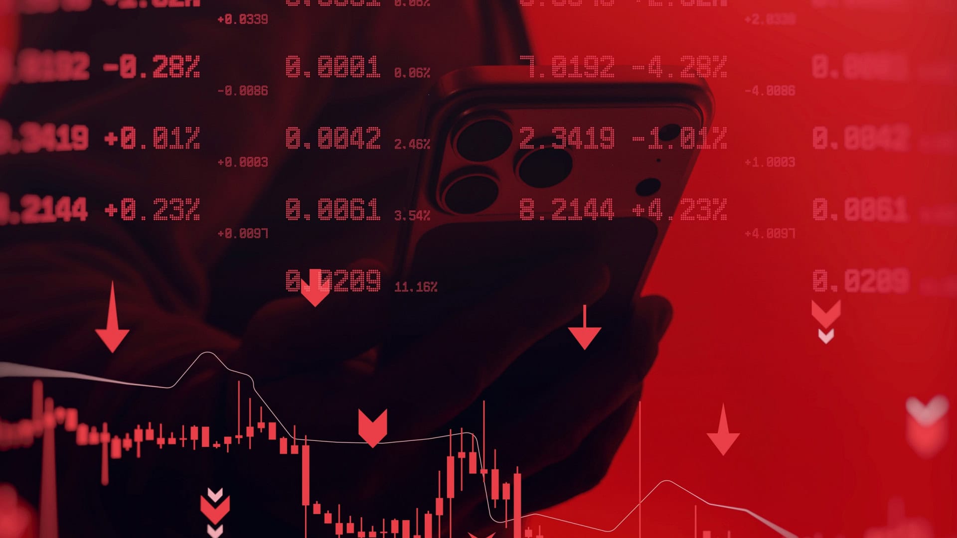 Mescla de imagem em vermelho com índices e gráficos; ao fundo, uma pessoa mexendo em um celular