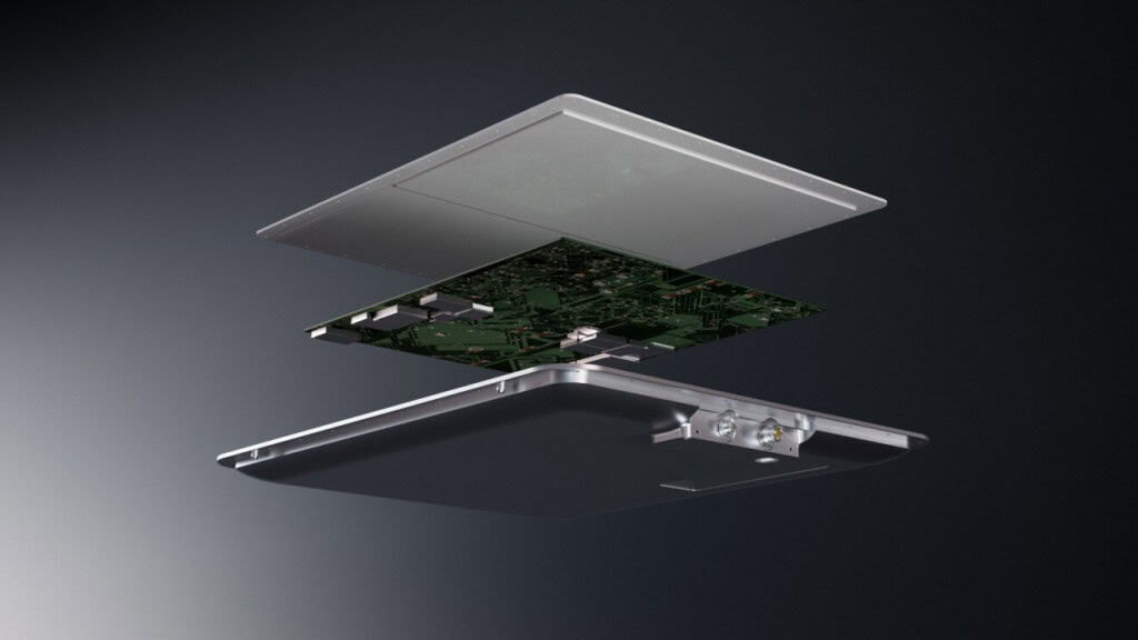 Estrutura interna da antena Amazon Leo Aviation exibida em visão explodida