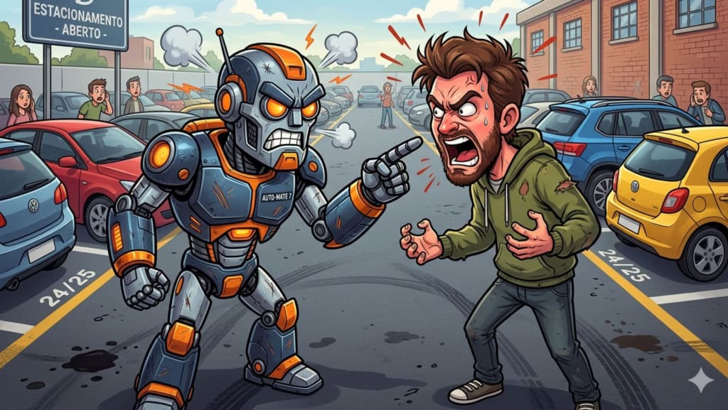imagem mostra um robô humanoide com semblante de raiva discutindo com um homem em um estacionamento aberto