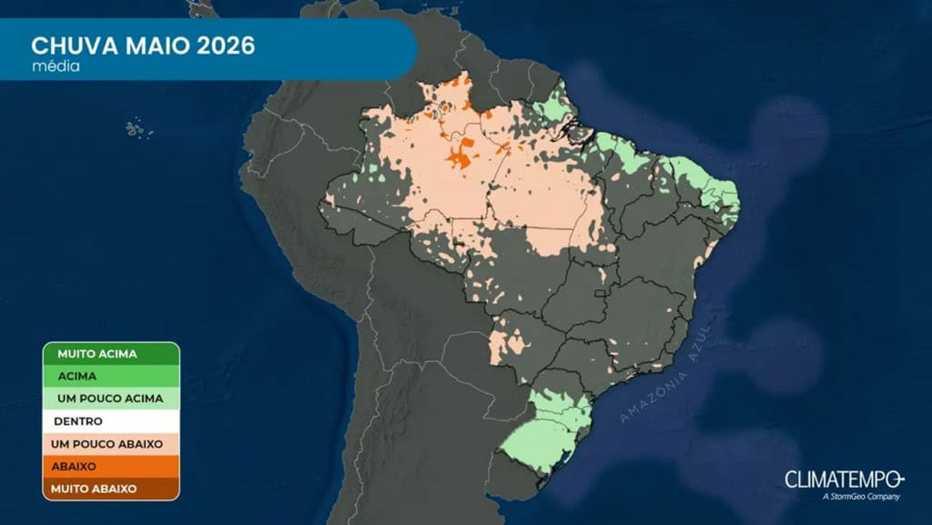 Mapa de temperatura no Brasil em maio de 2026