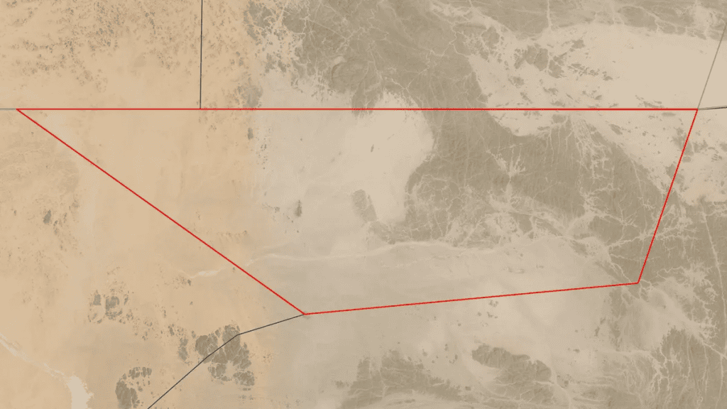 A situação surgiu de fronteiras conflitantes criadas pelos britânicos, que levaram os países a disputarem Hala’ib e ignorarem Bir Tawil. (Imagem: NASA/Landsat 8/OLI via Wikimedia Commons)