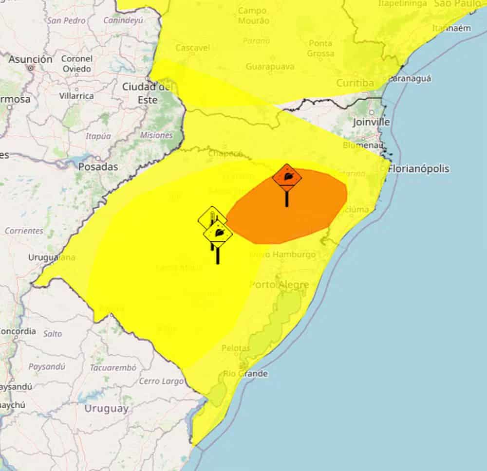 imagem destaca o mapa do sul do brasil com áreas riscadas em amarelo, que representam o risco de queda de temperatura e geada