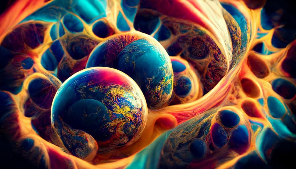 Ilustração abstrata mostra múltiplas esferas semelhantes a planetas conectadas por estruturas fluidas e coloridas, representando universos paralelos interligados.