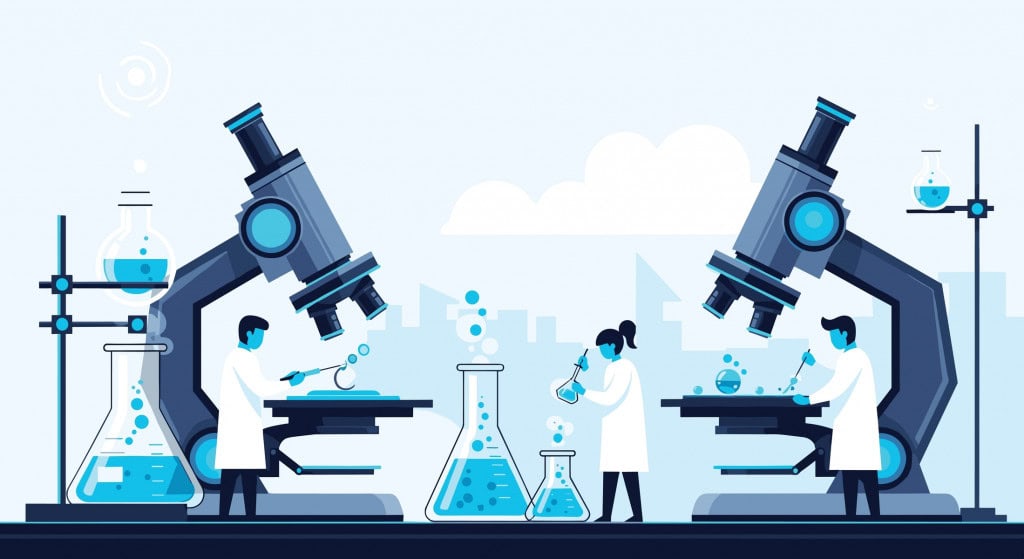 Cientistas em um laboratório moderno conduzem experimentos e pesquisas com microscópios avançados e equipamentos de laboratório, simbolizando inovação e descoberta científica.