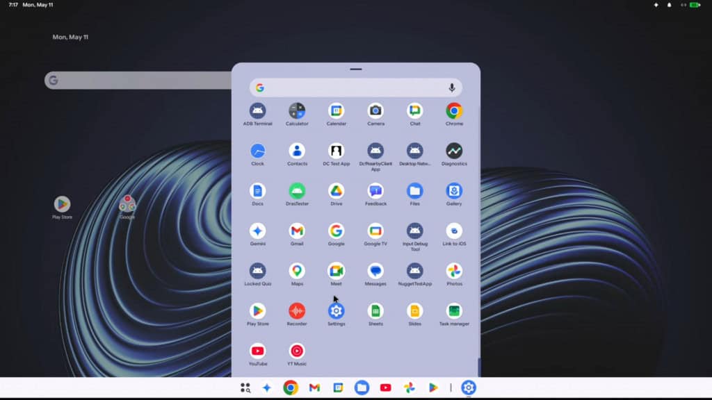 Captura de tela da área de trabalho do Aluminium OS do Google, sistema operacional para computadores baseado no Android