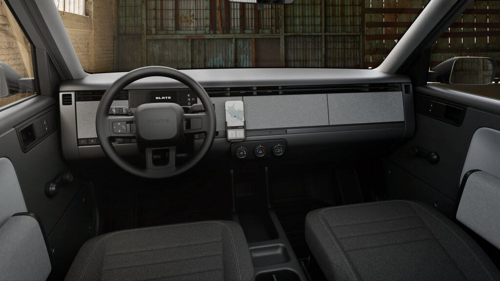 Interior minimalista da picape elétrica da Slate Auto