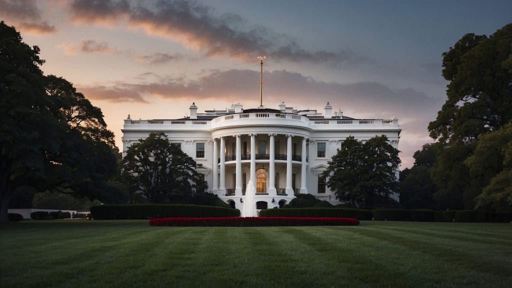 Fachada da Casa Branca, nos Estados Unidos, durante entardecer