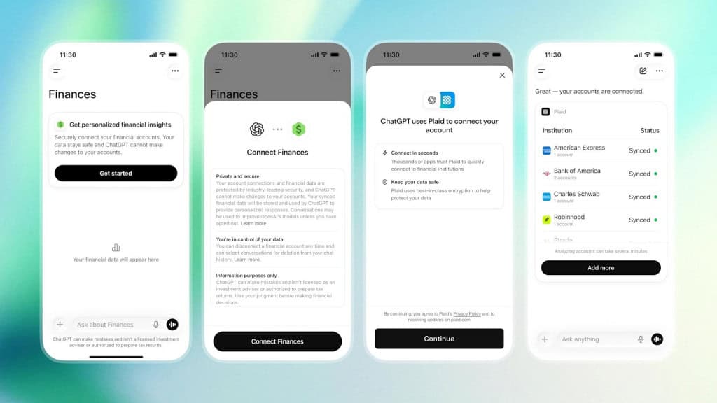 Montagem com telas de novo recurso do ChatGPT que acessa contas bancárias e gerencia finanças
