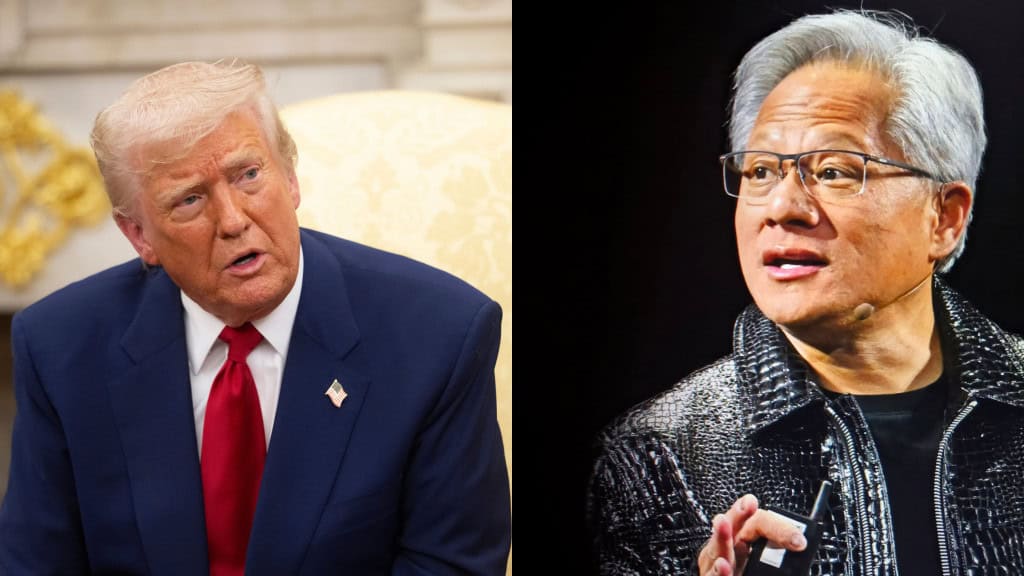 Montagem com fotos de Donald Trump e Jensen Huang