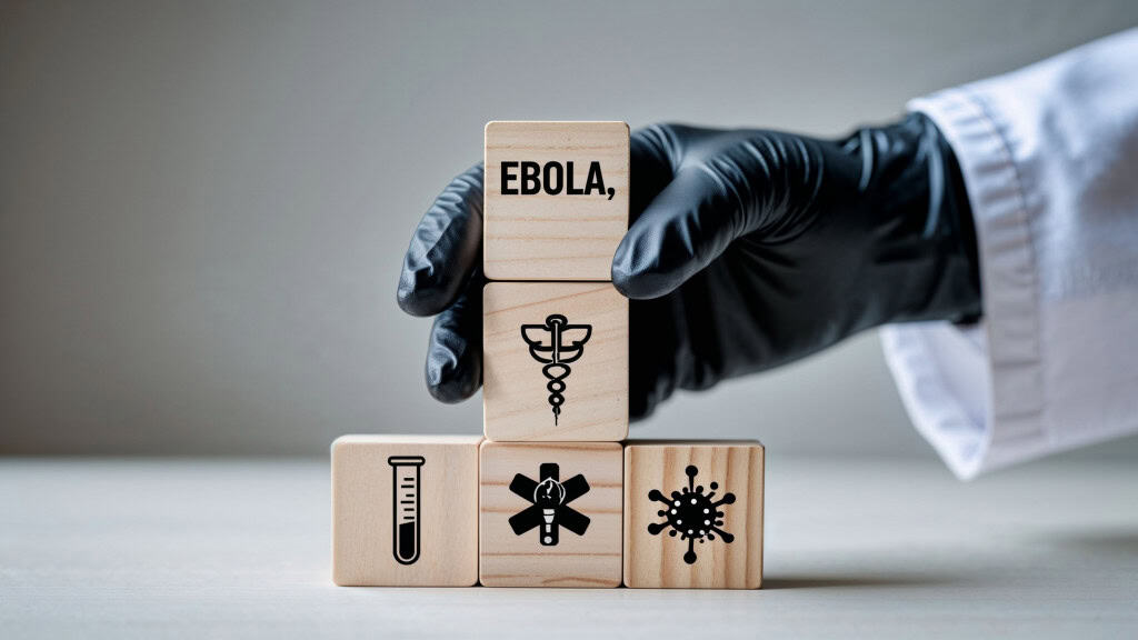 Profissional da saúde com mão sobre pilha de bloquinhos de madeira com símbolos que remetem à ebola