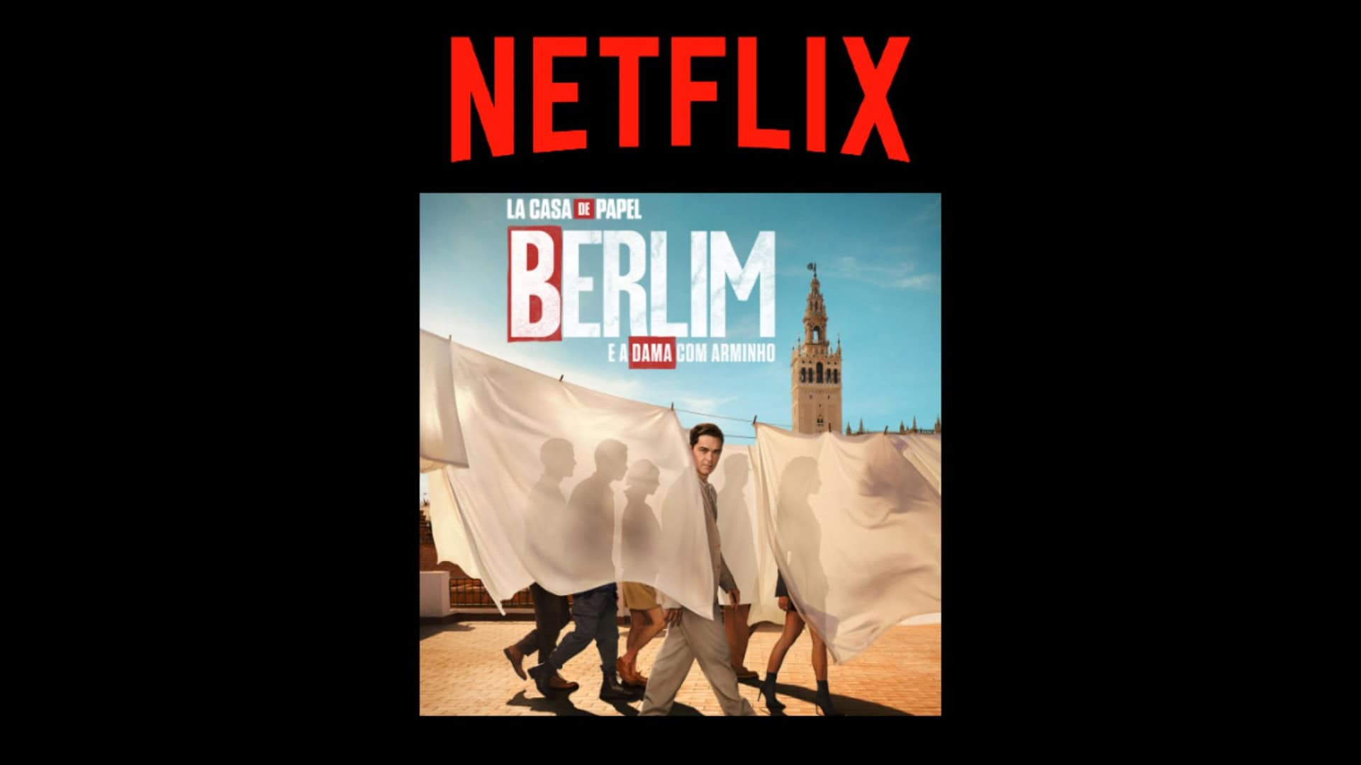 Montagem com pôster da série Berlim e a Dama com Arminho