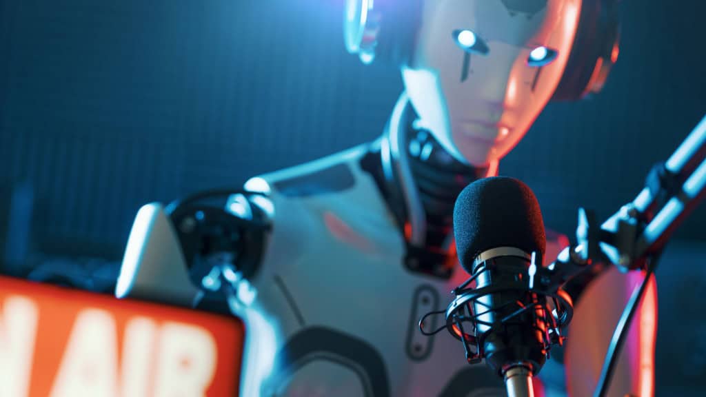 Robô gravando podcast em estúdio