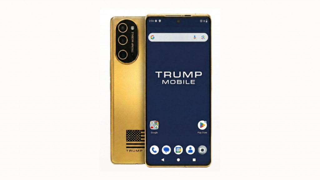 Montagem mostrando parte da frente e de trás do T1 Phone da Trump Mobile