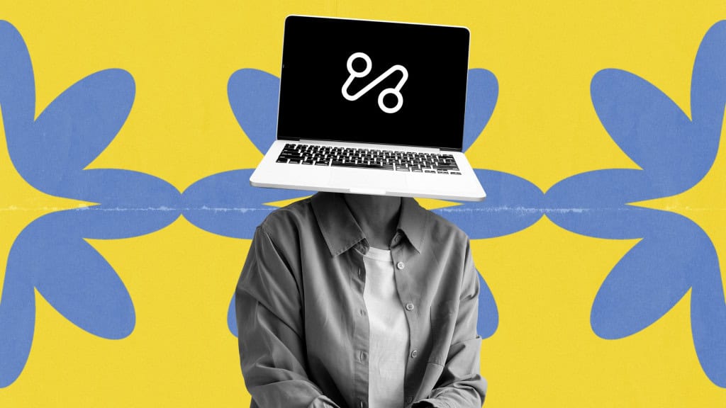 Colagem mostrando notebook no lugar da cabeça de homem para ilustrar conceito de inteligência artificial (IA)