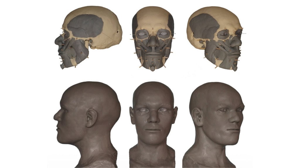 Montagem com modelagem 3D de cabeça de mulher pré-histórica