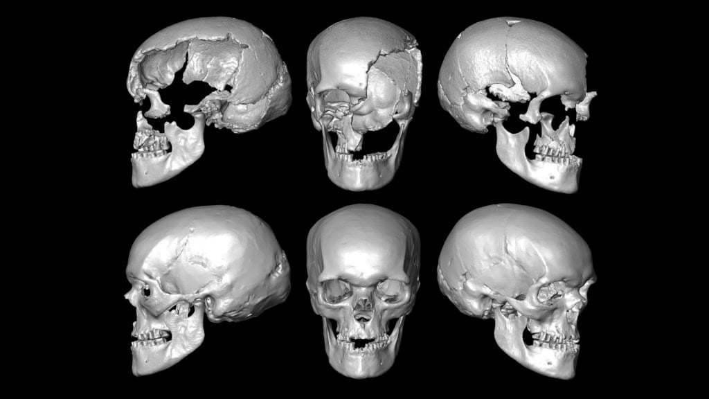 Montagem com modelagem 3D de crânio de mulher pré-histórica