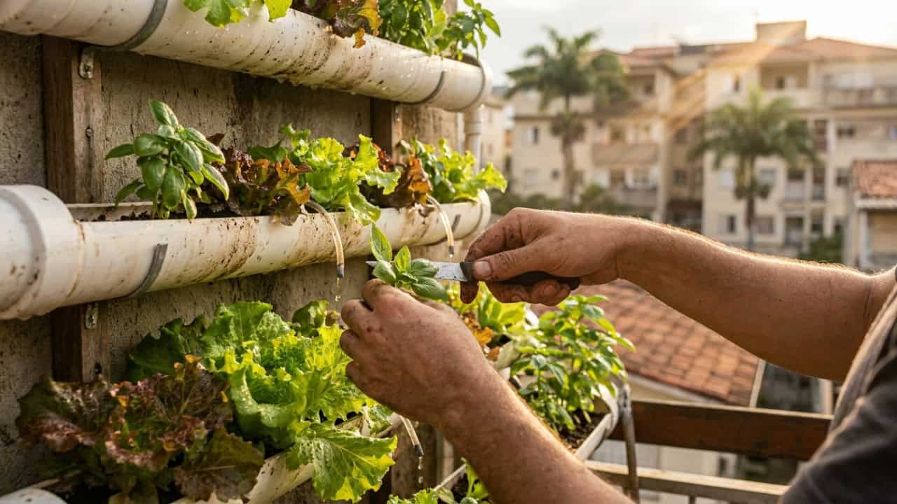 Horta vertical em calha de PVC produz alface, coentro e cebolinha o ano todo em 1 m² de parede e o investimento se paga em 40 dias