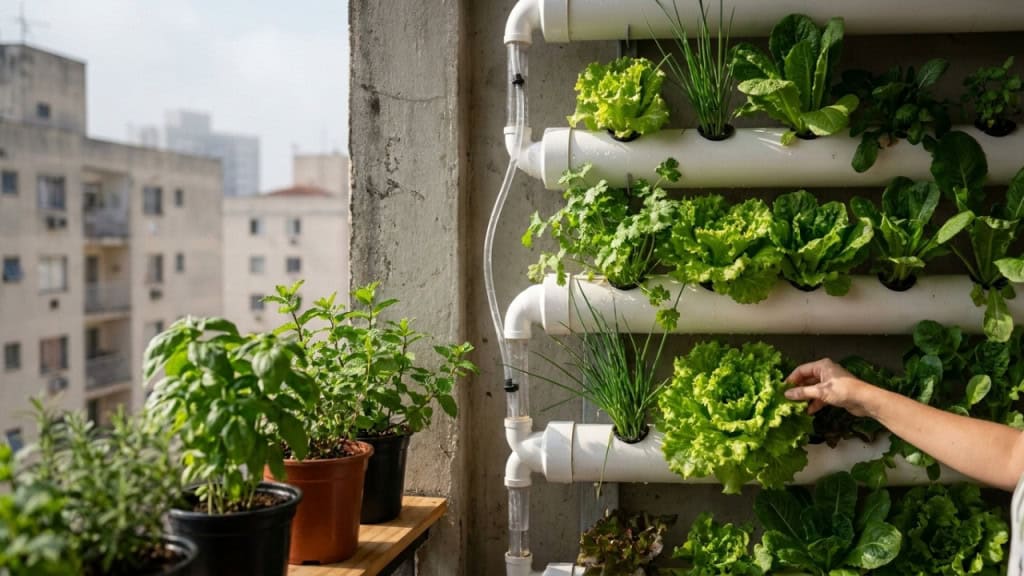 Horta vertical em calha de PVC produz alface, coentro e cebolinha o ano todo em 1 m² de parede e o investimento se paga em 40 dias