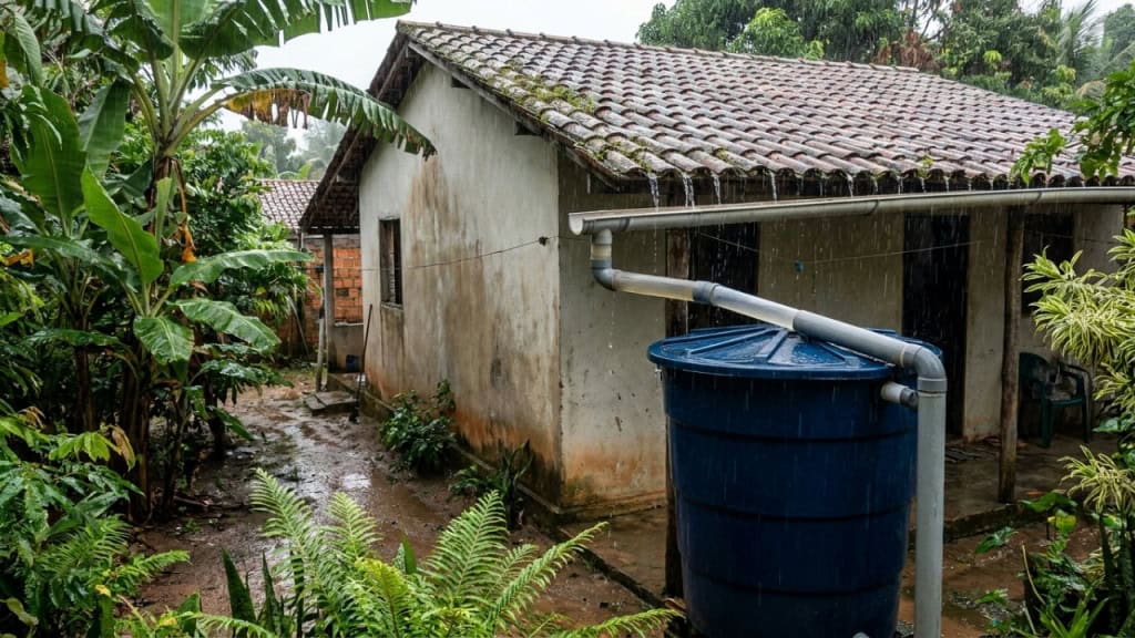 Sistema simples com canos PVC reaproveita água da chuva para lavar quintal, calçada e banheiro