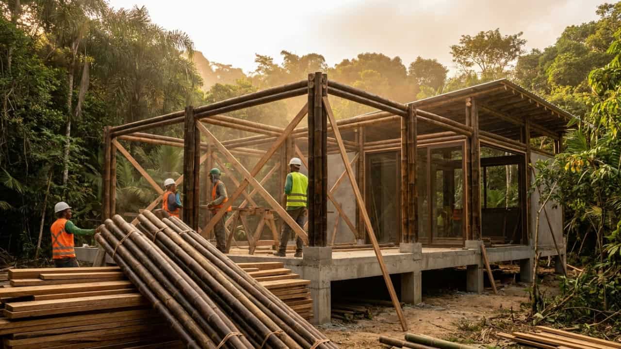 Como construir uma casa resistente e bonita usando bambu como estrutura, o material que cresce 30 cm por dia e é mais forte que o aço por quilo