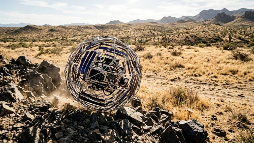 Um robô estilo Tumbleweed é capaz de rolar pela pradaria sem necessidade de vento