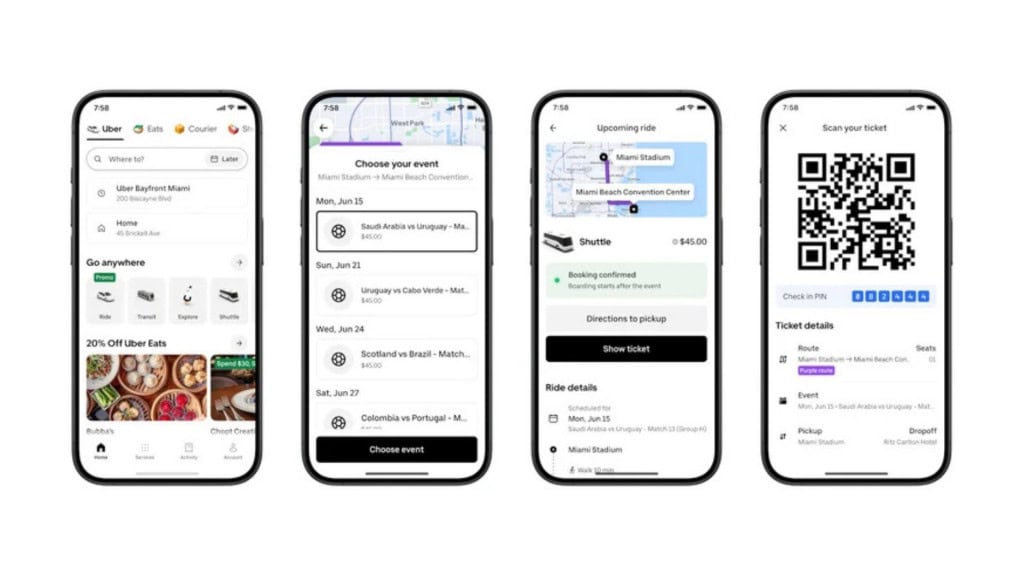 Montagem com telas em celular mostrando processo para reservar lugar em ônibus no aplicativo do Uber