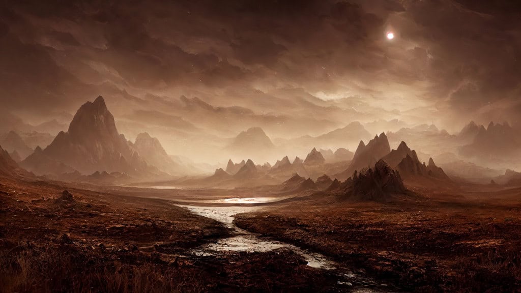 Ilustração de paisagem montanhosa em dia nublado e frio