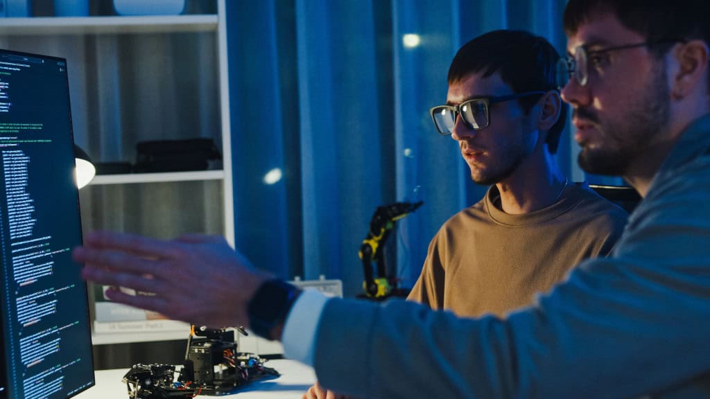 Dupla de homens jovens olhando para computador durante sessão de programação