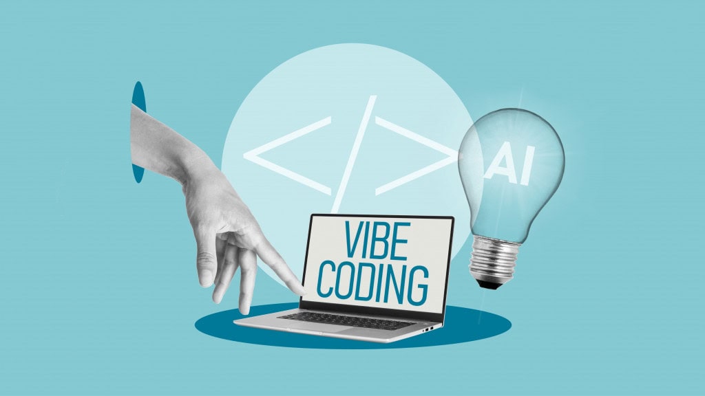 Ilustração no estilo colagem envolvendo mão humana, notebook e lâmpada; imagem ilustra conceito de vibe coding