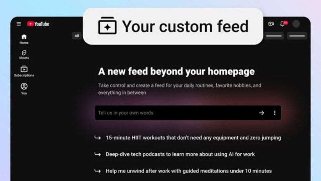 Montagem mostrando tela onde vai dar para usar inteligência artificial (IA) para gerar feeds no YouTube