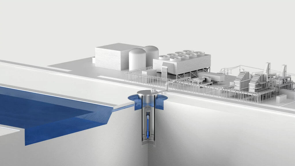 Renderização em corte mostra reator modular instalado em estrutura submersa com sistema de resfriamento por água