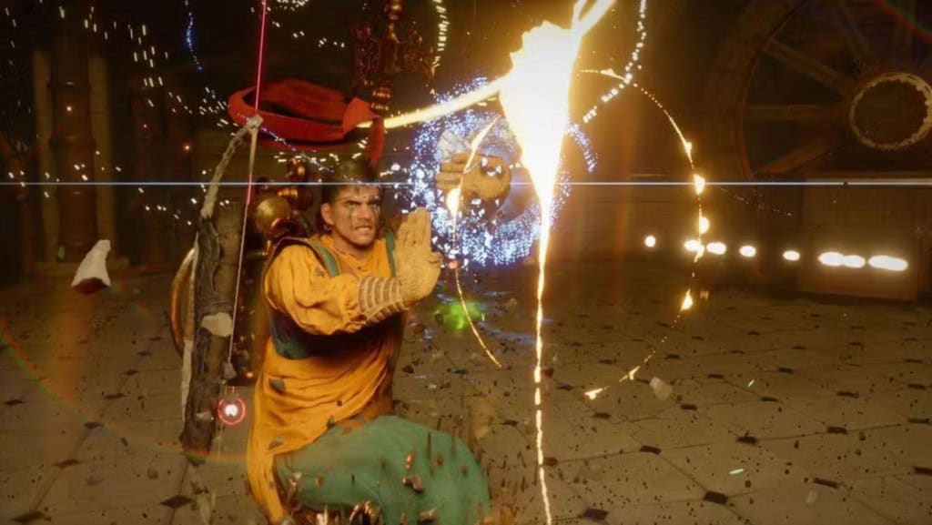 imagem mostra jogador de crimson desert usando a luz do sol para criar fogo
